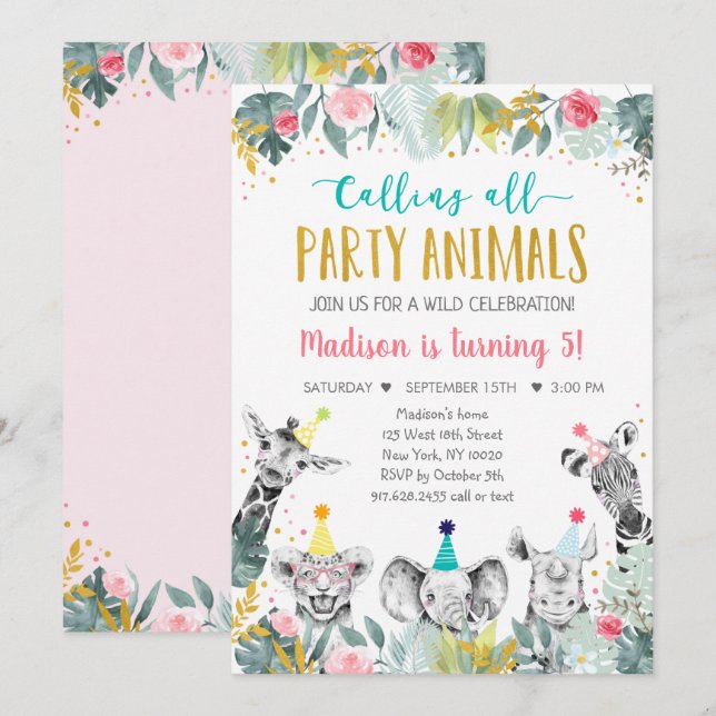 Pink Gold Party Animal Safari Birthday Invitation (Front/Back)