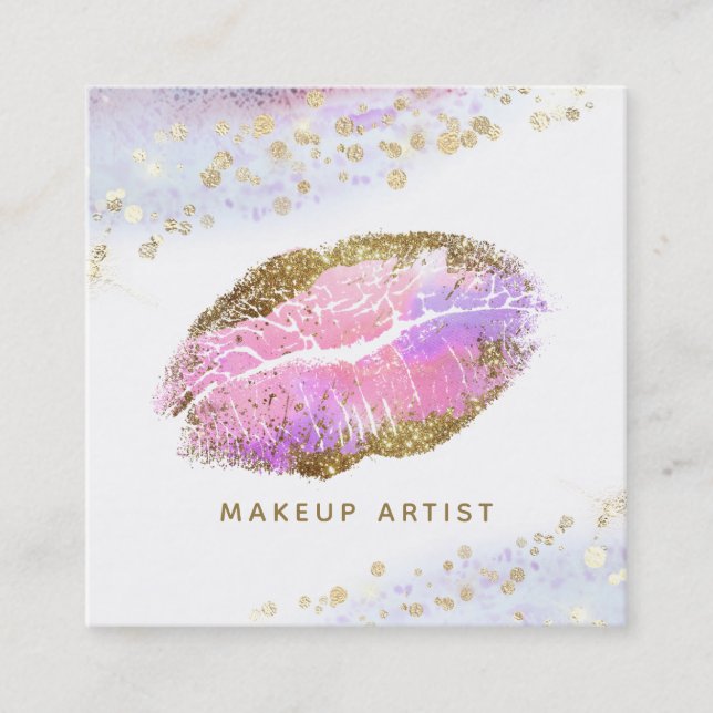 *~* Pink Gold Pastel Glitter Lips Beauty Makeup Square Business Card (Front)
