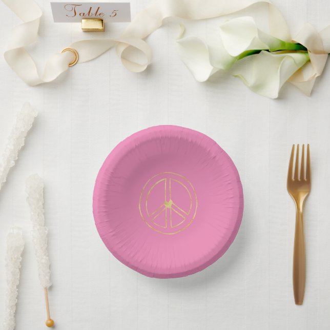 Pink Gold Peace Sign Heart  Paper Bowls (Wedding)