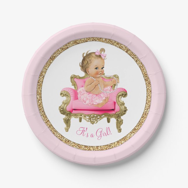 Pink Gold Pearl Chair Girl Baby Shower Paper Plates (Front)