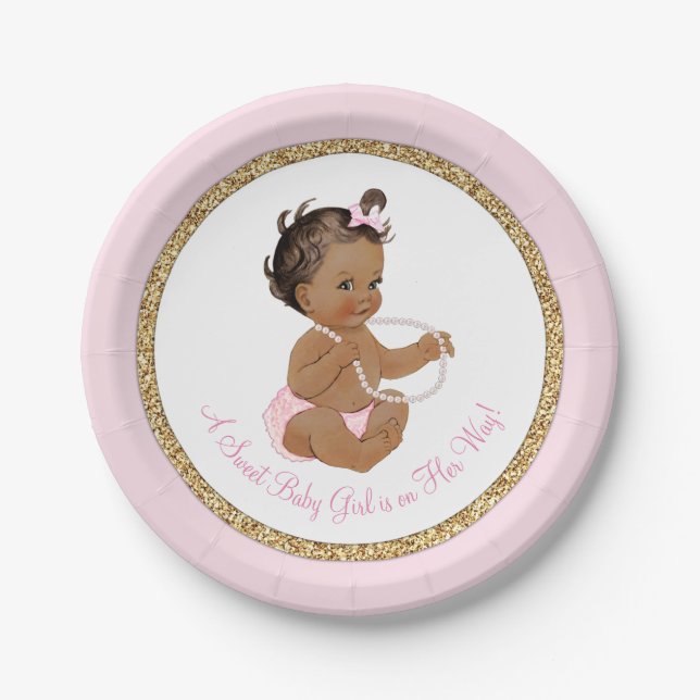 Pink Gold Pearl Ethnic Girl Baby Shower Paper Plates (Front)