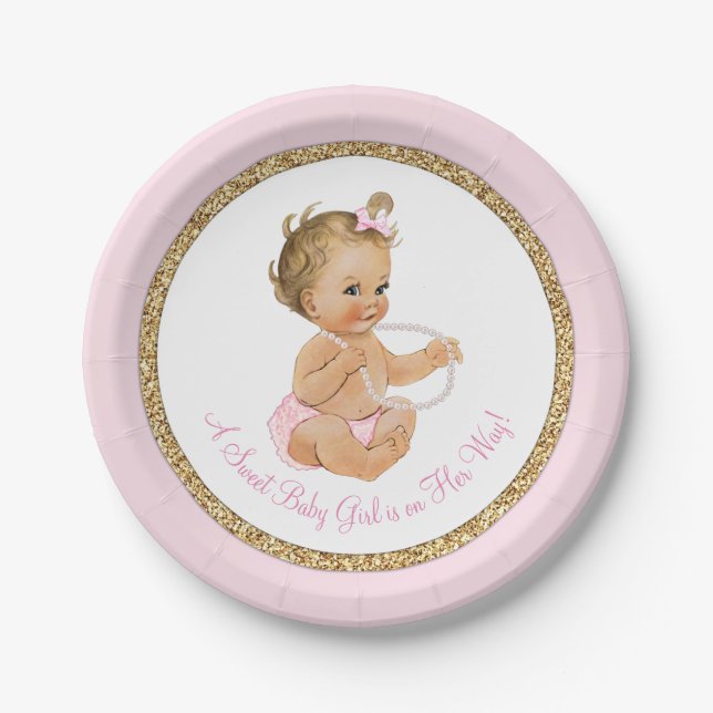 Pink Gold Pearl Girl Baby Shower Paper Plates (Front)