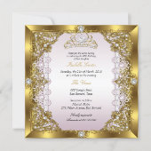 Pink Gold Pearl Lace Tiara Damask Birthday Party Invitation (Front)