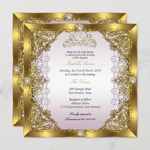 Pink Gold Pearl Lace Tiara Damask Birthday Party Invitation