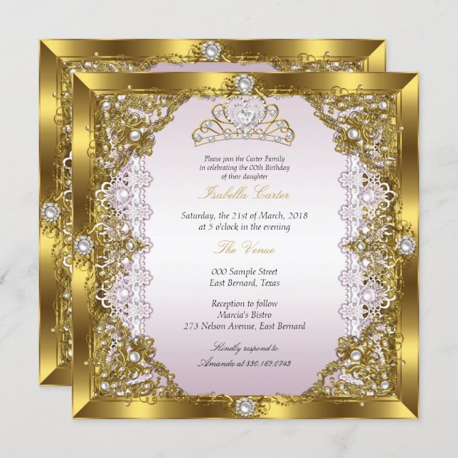 Pink Gold Pearl Lace Tiara Damask Birthday Party Invitation (Front/Back)