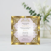 Pink Gold Pearl Lace Tiara Damask Birthday Party Invitation (Standing Front)