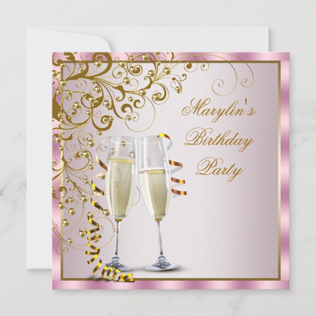 Pink Gold Pearls Pink Gold Womans Birthday Party Invitation (Front)