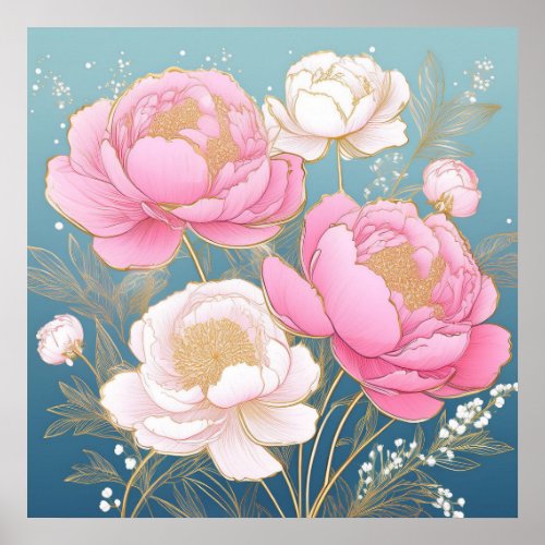 Pink Gold Peonies Babies Breath Poster