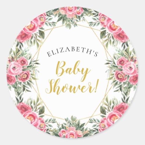 Pink Gold Peonies Baby Shower Classic Round Sticker