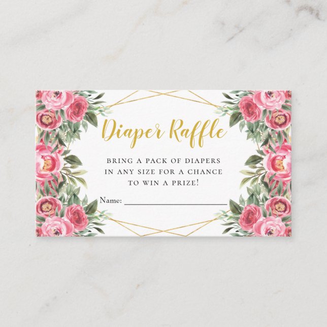 Pink Gold Peonies Baby Shower Diaper Raffle Enclosure Card (Front)