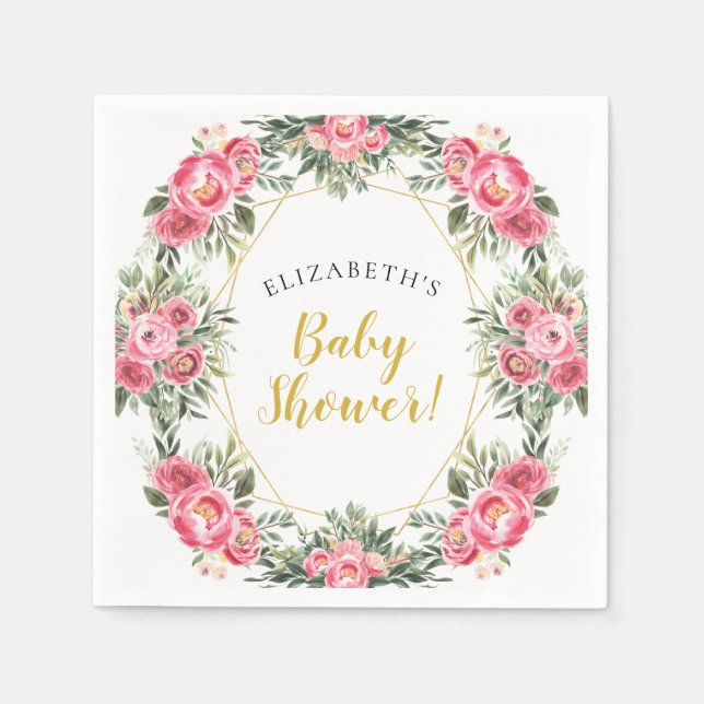 Pink Gold Peonies Baby Shower Napkins (Front)