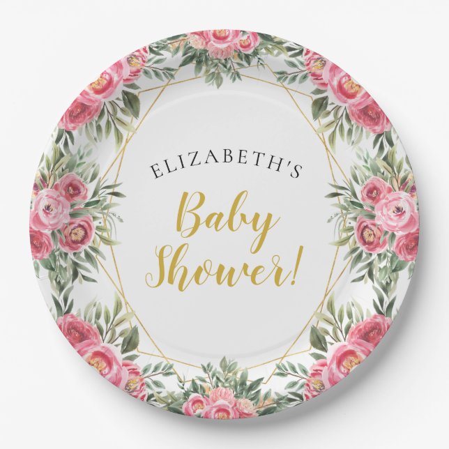 Pink Gold Peonies Baby Shower Paper Plates (Front)