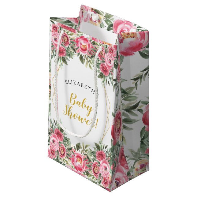 Pink Gold Peonies Baby Shower Small Gift Bag (Front Angled)
