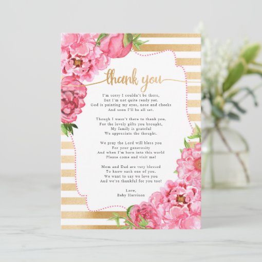 Pink Gold Peonies Baby Shower thank you note Invitation | Zazzle