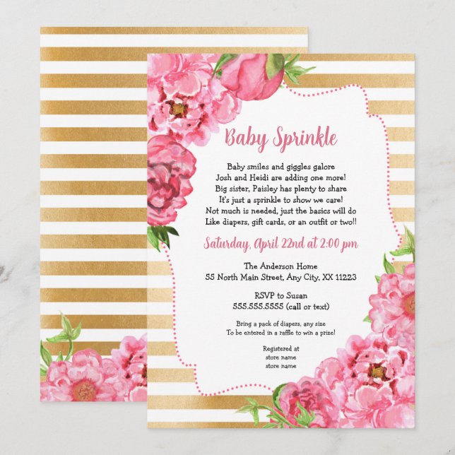 Pink Gold Peonies Baby Sprinkle Invitations (Front/Back)