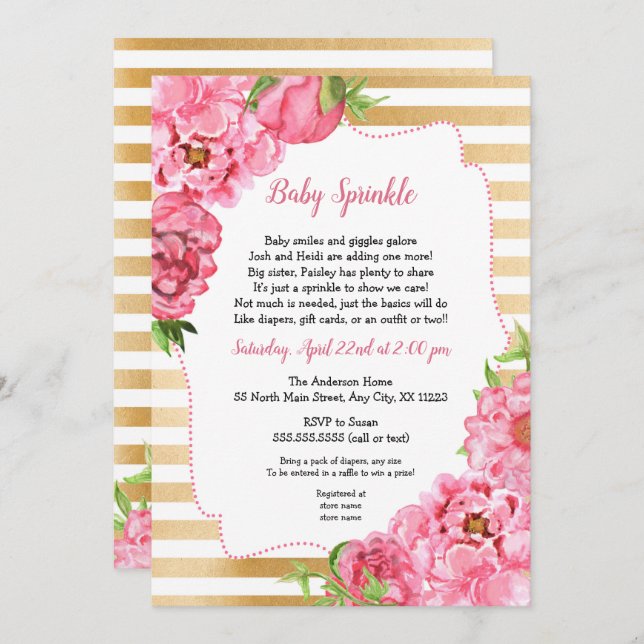Pink Gold Peonies Baby Sprinkle Invitations (Front/Back)
