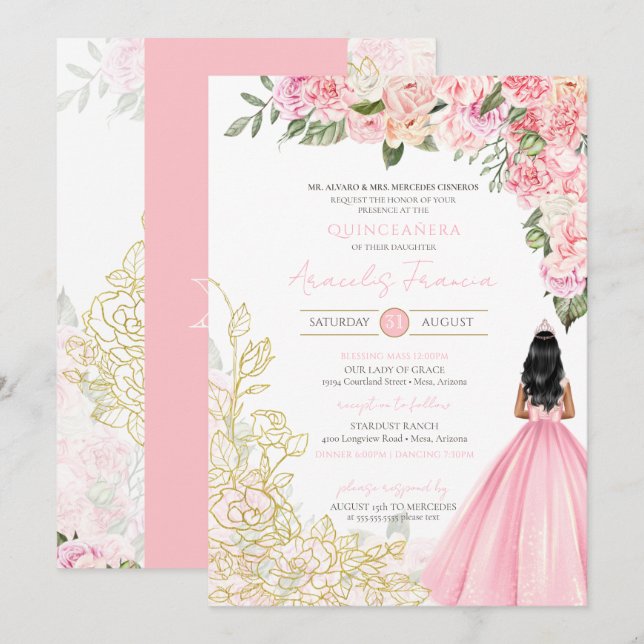 Pink & Gold Peonies Floral Quinceanera Birthday Invitation (Front/Back)