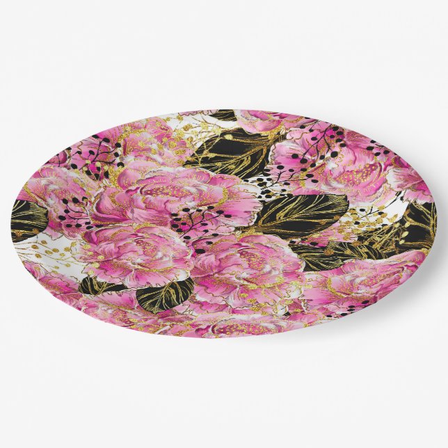 Pink gold peonies paper plates (Angled)