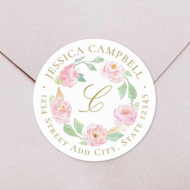 Pink Gold Peony Floral Wreath Custom Address Classic Round Sticker (Creator Uploaded)