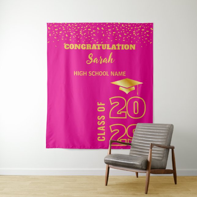 Pink & Gold Personalized Graduation Party Custom Tapestry (In Situ)