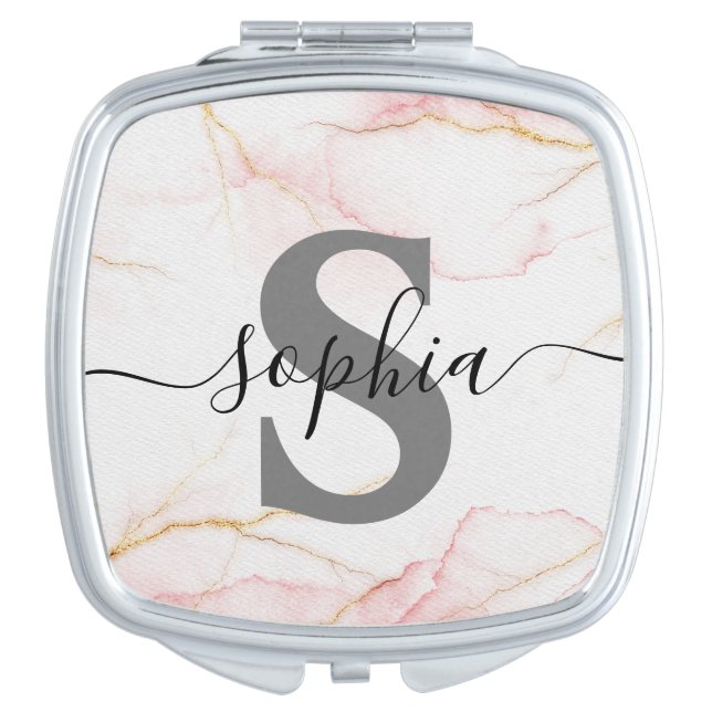 Pink Gold Personalized Monogram Script Initial Compact Mirror (Front)