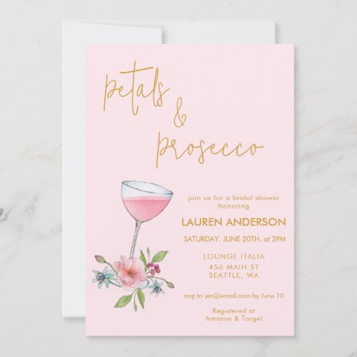 Pink  gold Petals and Prosecco Bridal Shower  Invitation