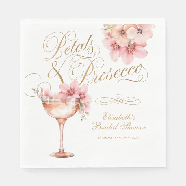 Pink Gold Petals and Prosecco Bridal Shower Napkins (Front)