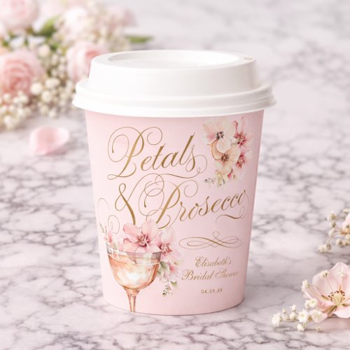 Pink Gold Petals and Prosecco Bridal Shower Paper Cups