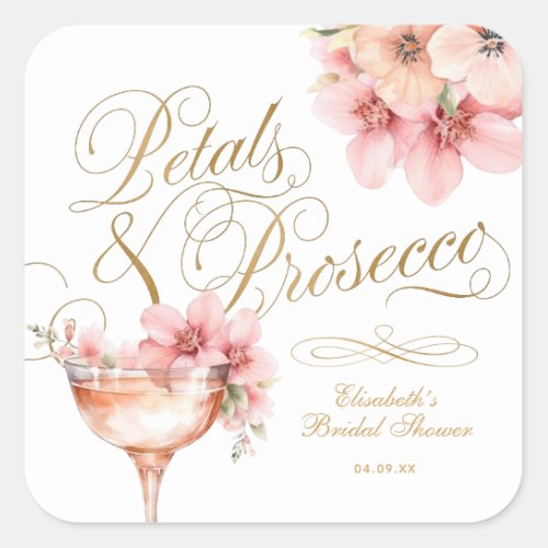 Pink Gold Petals and Prosecco Bridal Shower Square Sticker
