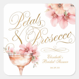 Pink Gold Petals and Prosecco Bridal Shower Square Sticker