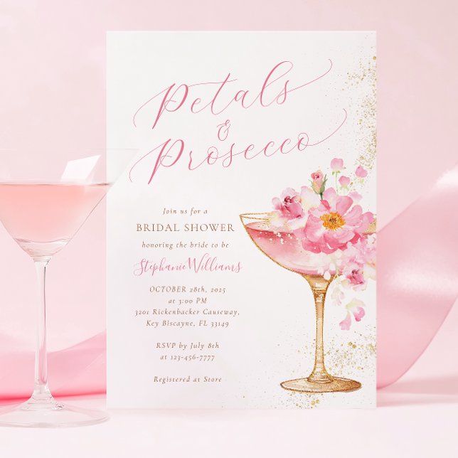 Pink Gold Petals and Prosecco Floral Bridal Shower Invitation (Creator Uploaded)