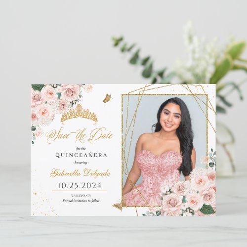 Pink  Gold Photo Card Quinceaera Save The Date