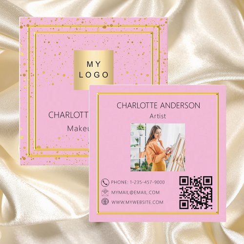 Pink gold photo logo QR code Square Business Card
