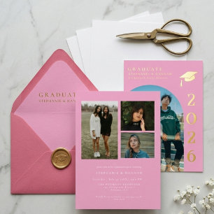Pink & Gold Photo Twin Graduation Foil Invitation