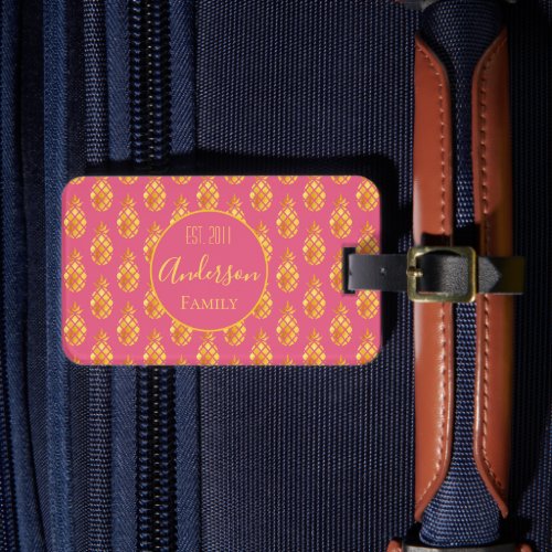 Pink gold pinapples monogram luggage tag