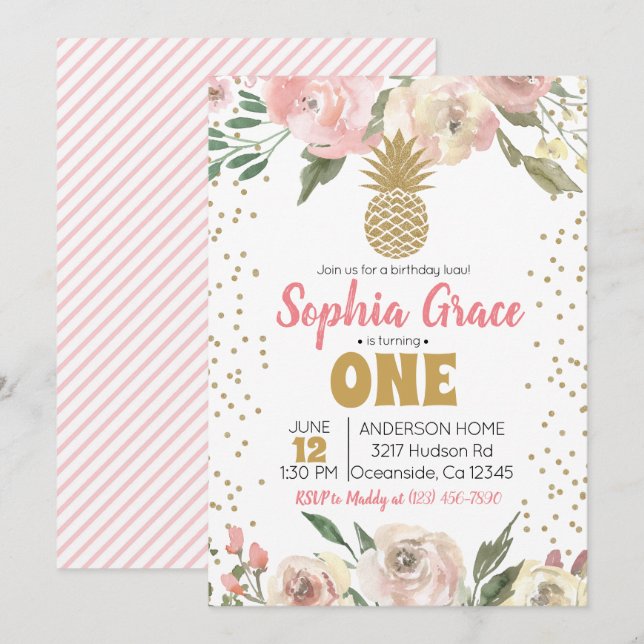 Pink & Gold Pineapple Birthday Luau Invitation (Front/Back)