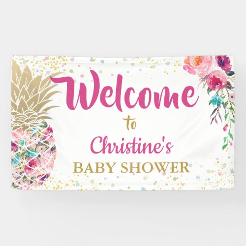 Pink Gold Pineapple Floral Baby Shower Banner