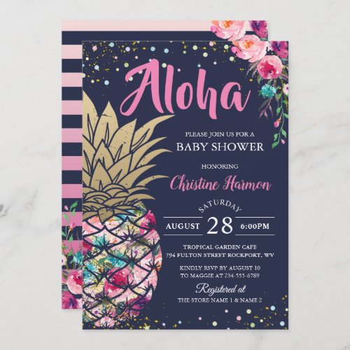 Pink Gold Pineapple Floral Navy Blue Baby Shower Invitation