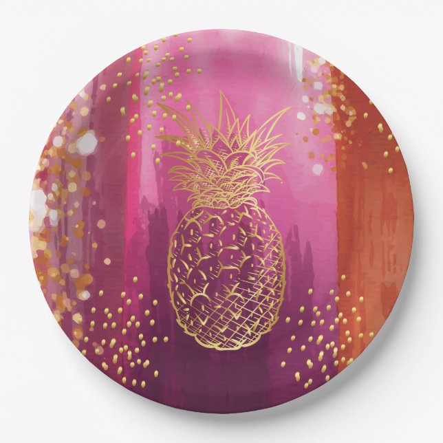 Pink Gold Pineapple Glitter Paper Plates (Front)