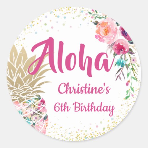 Pink Gold Pineapple Tropical Floral Party Favor Classic Round Sticker