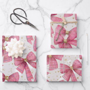 Pink Gold Plaid Bows Christmas Wrapping Paper Sheets