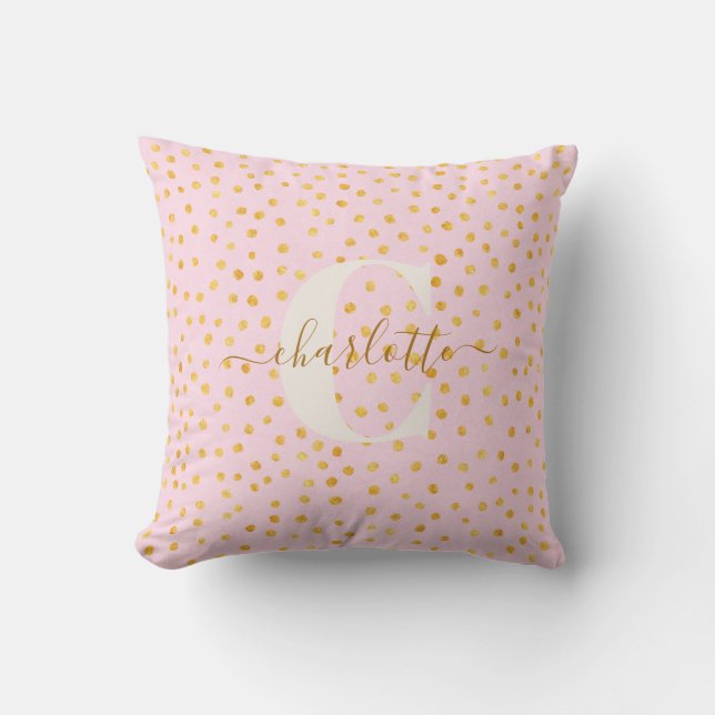 Pink Gold Polka Dot Monogram Decor Throw Pillow (Front)