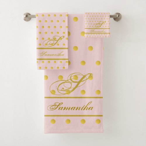 Pink Gold Polka Dot Monogrammed Towel Set