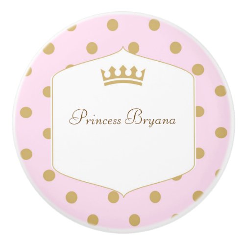 Pink  Gold Polka Dots Princess Crown Dresser Ceramic Knob