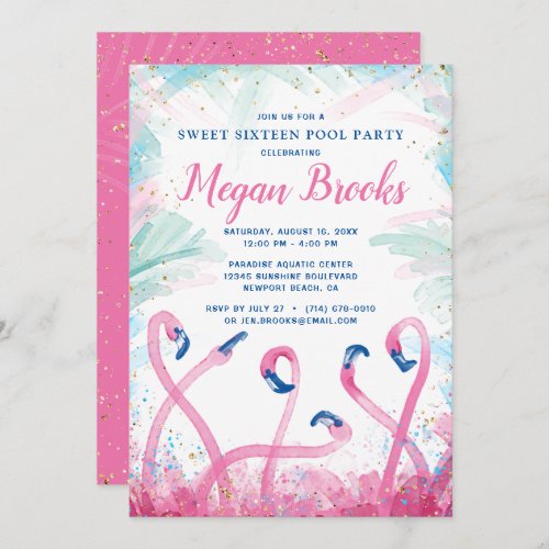 Pink Gold Pool Party Tropical Flamingo Birthday Invitation