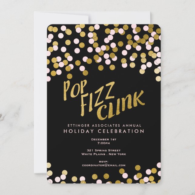 Pink | Gold Pop Fizz Clink Holiday Office Party Invitation (Front)