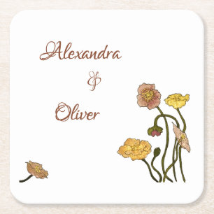 Pink & Gold Poppy Watercolor Wedding Square Paper Coaster