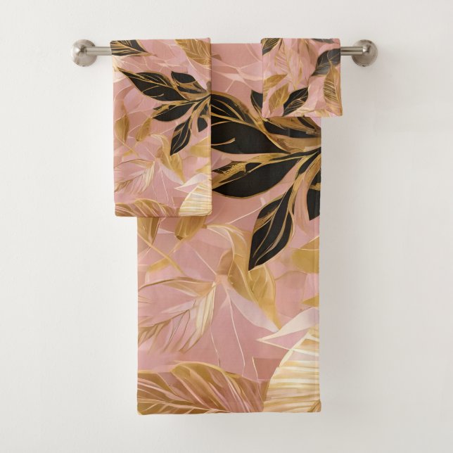 Pink Gold Popular Boho Leaves Collection Bath Towel Set (Insitu)