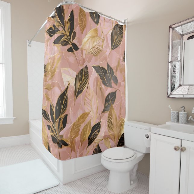 Pink Gold Popular Boho Leaves Collection Shower Curtain (In Situ)