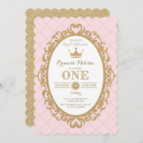 Pink Gold Princess 1st Birthday Party Crown Invite